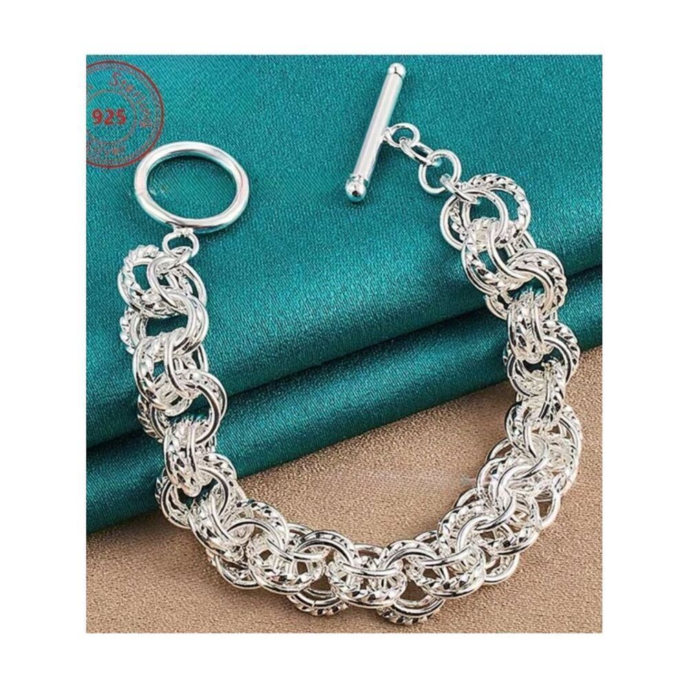 NWT 925 Sterling Silver Plate Bracelet Chain Design Twisted-Triple-Ring 8"